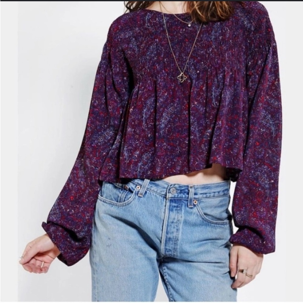 EUC Anthropologie Staring at Stars dark purple patterned blouse smocked bodice